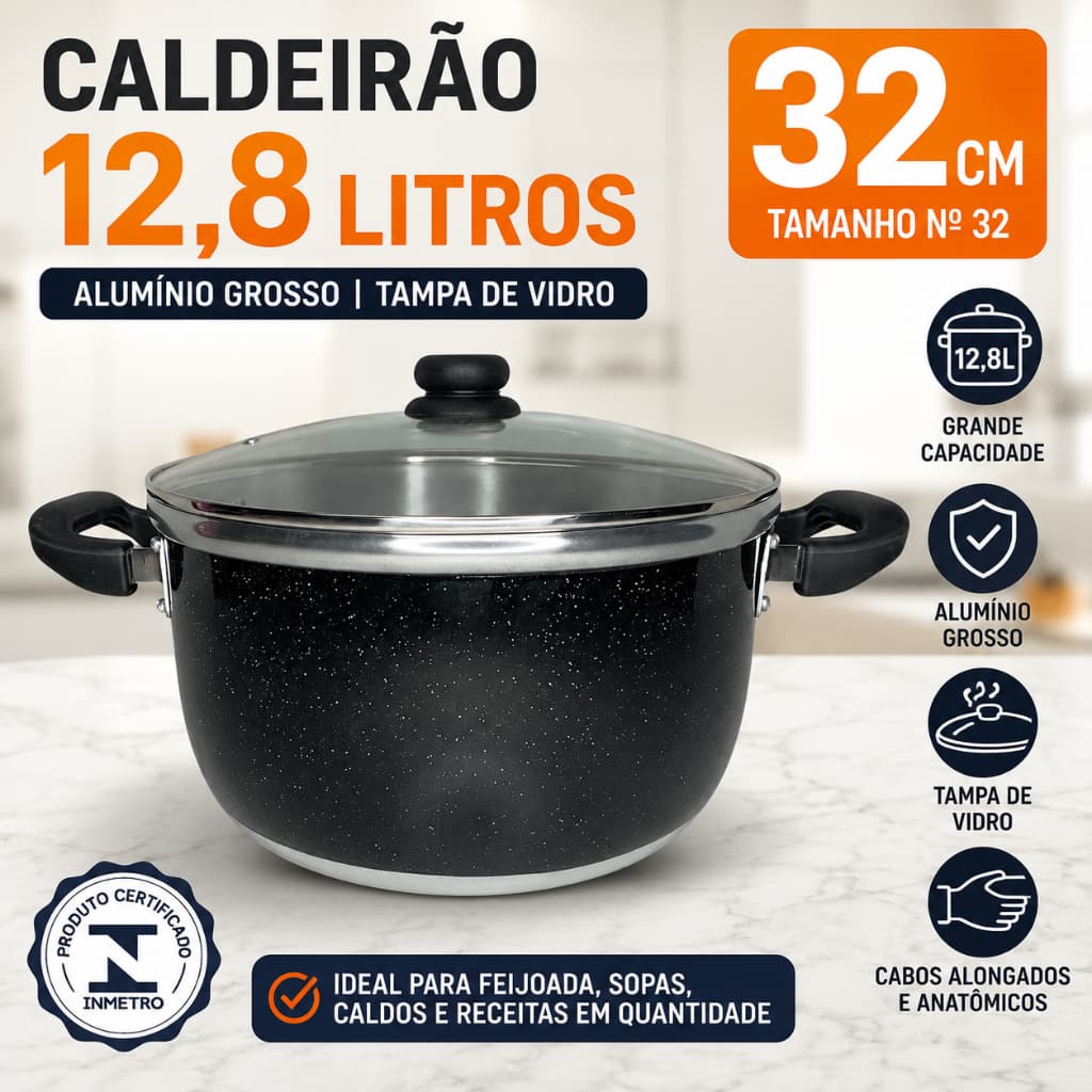 Caldeirão Risoteira Panela Grande 32cm 12,8L Alumínio Grosso com Tampa de Vidro Temperado