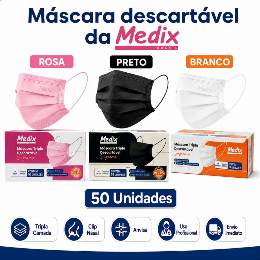 Máscara Descartável Tripla Com Clip Nasal Medix Cirúrgica Hospitalar BFE ≥95% Uso profissional ANVISA