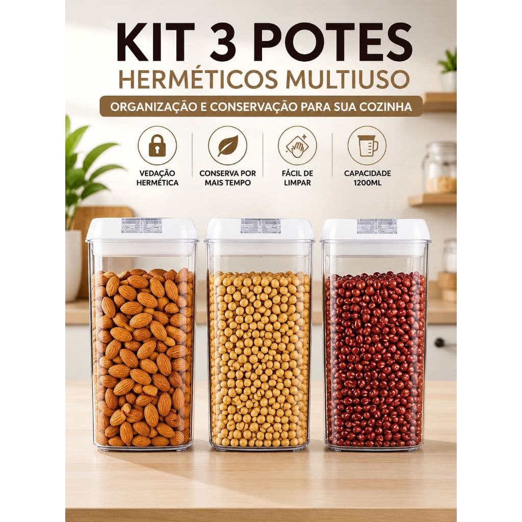 Kit Cozinha 3 Potes Herméticos Multiuso 1200ml Vedação Segura Acrílico Transparente Organização Alimentos