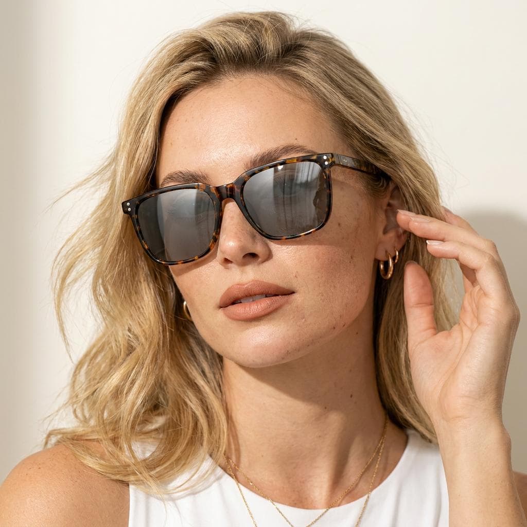Óculos de Sol Feminino Casual Quadrado Armação Marrom Mesclada Lente Preta Polarizado Proteção UV400 Original VH 5199 C2