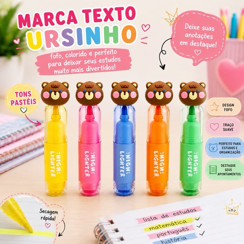 Marca Texto Ursinho Tons Pastéis 1 Unidade