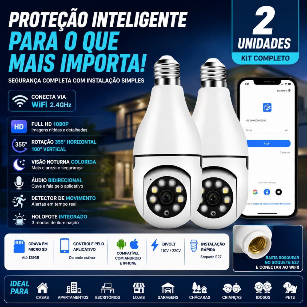 Câmeras Lâmpada Kit 2 unidades WiFi 360° Full HD IP Segurança Visão Noturna Colorida Áudio Bivolt E27