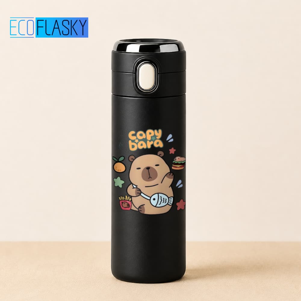 Garrafa Térmica Infantil Aço Inox Capivara Estampada Termometro LED Digital Temperatura 420ml