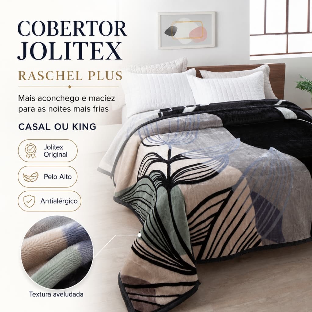 Cobertor Casal e King Jolitex Antialérgico Raschel Plus 1,80x2,20m - 2,20x2,40m