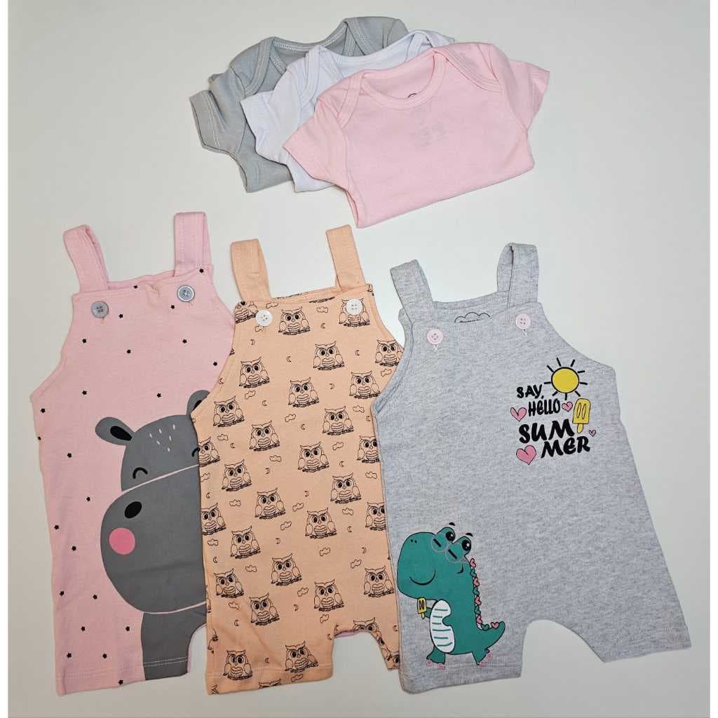 KIT 6 peças Bebê Menina Jardineiras - 3 bodys + 3 jardineiras Malha Algodão Serafina