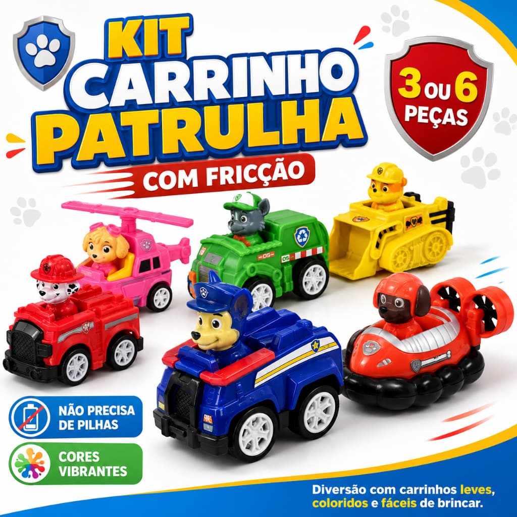Kit 3 ou 6 Carrinhos Patrulha Canina Fricção Brinquedo Infantil Corrida Presente Criança
