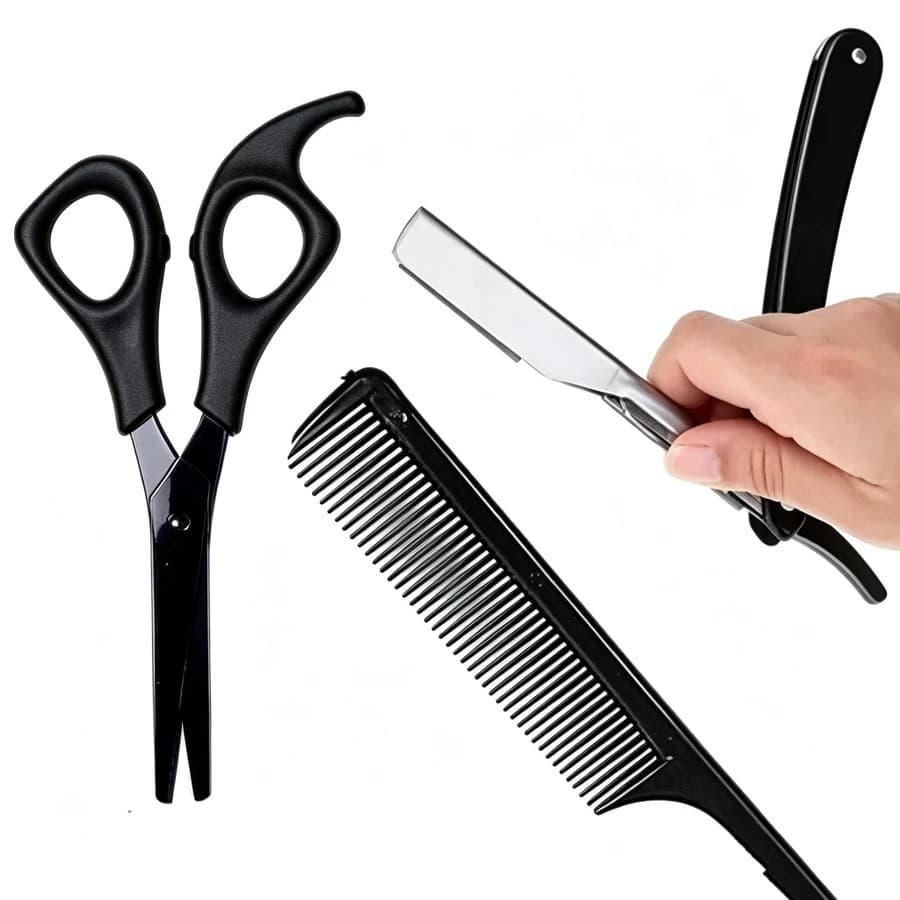 Kit Cabeleireiro Profissional 3 Peças Tesoura Navalha Pente para Corte Cabelo Barba e Bigode Barbearia e Salão