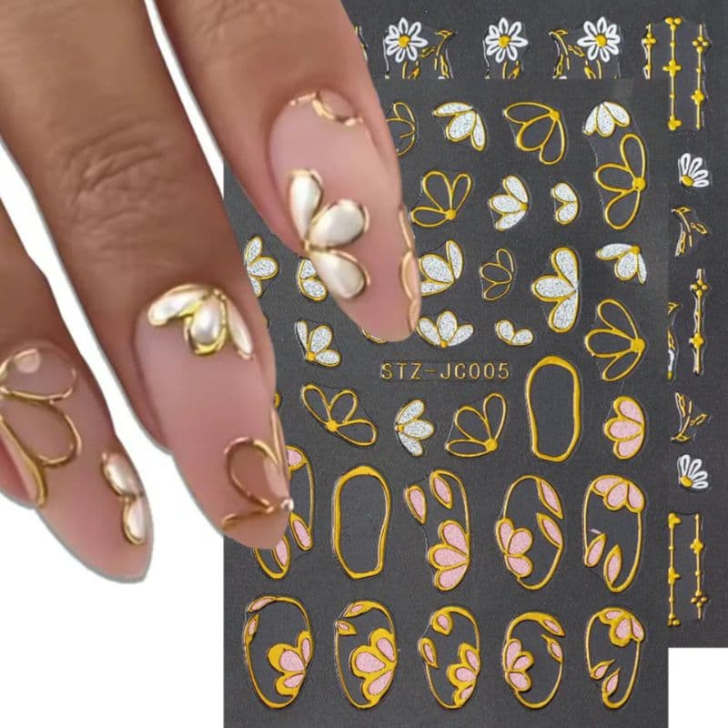 Adesivos de Unha 5D Pétalas e Flores em Contorno Dourado – Nail Design Autocolante para Decoração de Unhas