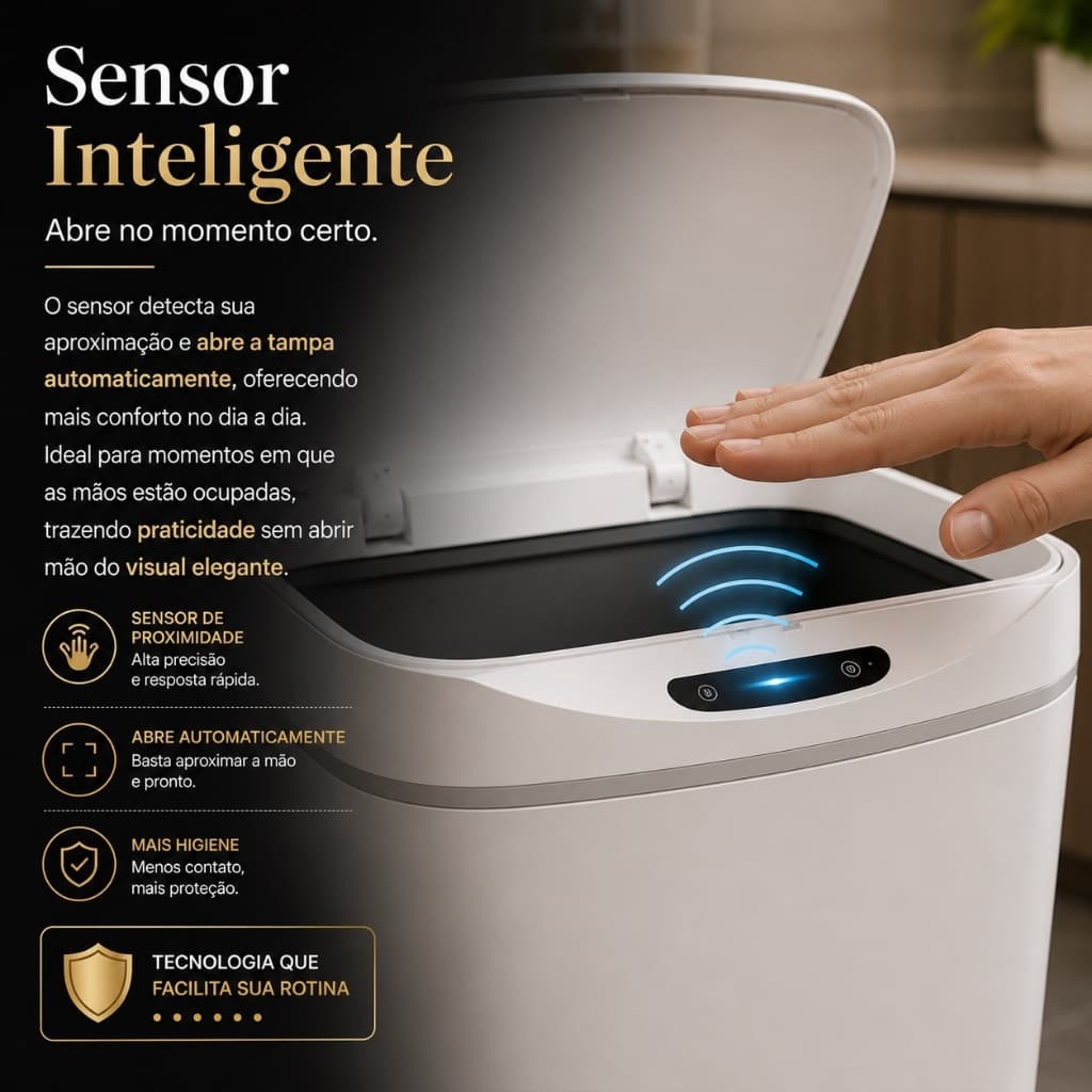 Lixeira Sensor Automatica 14 Litros Retangular Branca Cozinha Escritório Pratica Higienica