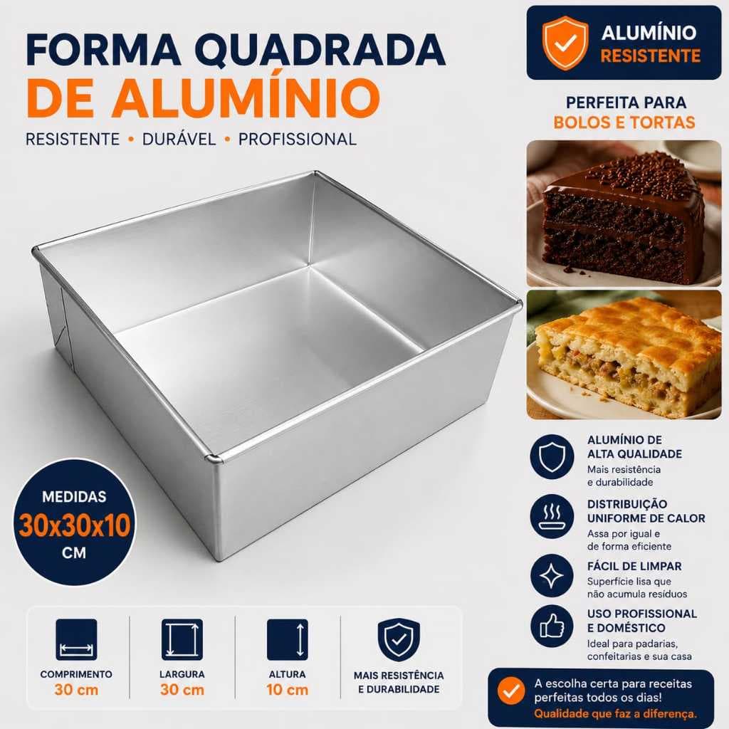 Forma Quadrada 30x30x10 Assadeira de Bolos Forma Fundo Fixa Alta de Alumínio Resistente