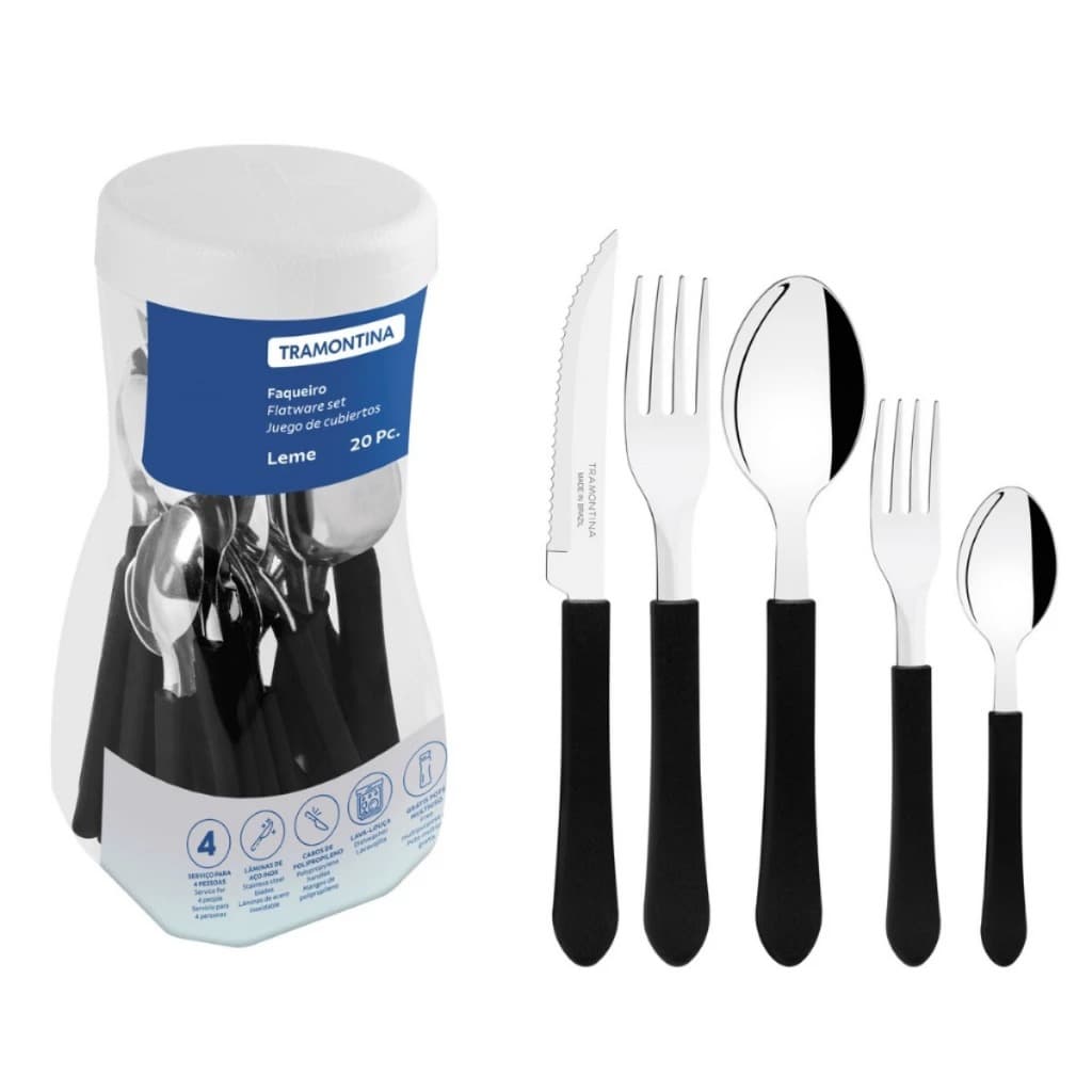 Jogo de Talheres Tramontina Leme 20 Peças Original Aço Inox Cabo Preto Faqueiro Inox Premium