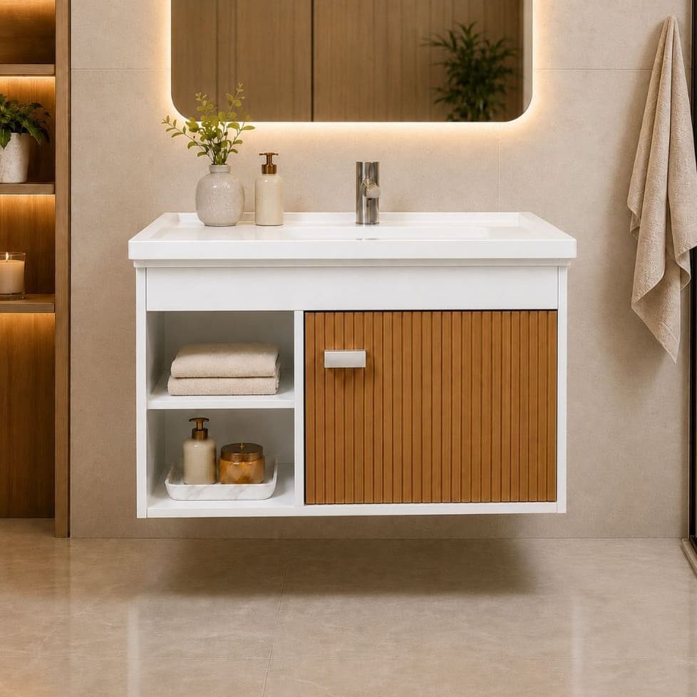 Gabinete Com Cuba De Cerâmica 1 Porta E Nicho Balcão Suspenso Lavabo Armário Banheiro Pia