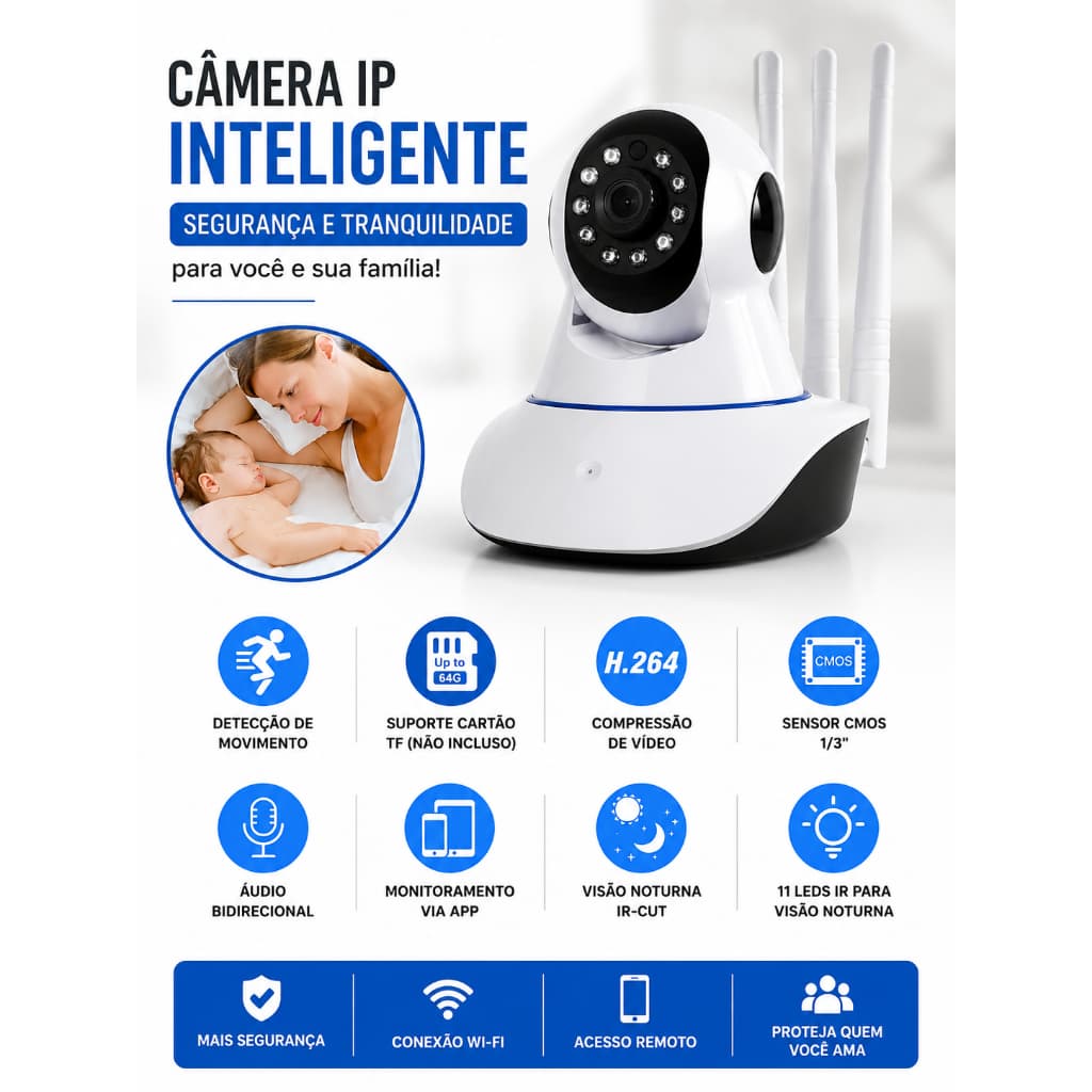Câmera de Segurança WiFi IP Babá Eletrônica Visão Noturna Áudio Bidirecional P2P Yoosee KAP-S069