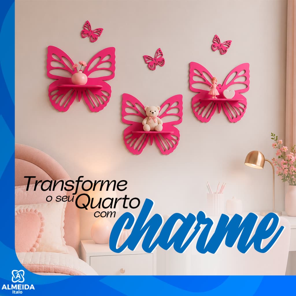 Kit 3 Prateleiras Borboleta Rosa MDF Quarto Infantil Menina Decoração Bebê Nicho Parede Jardim Encantado