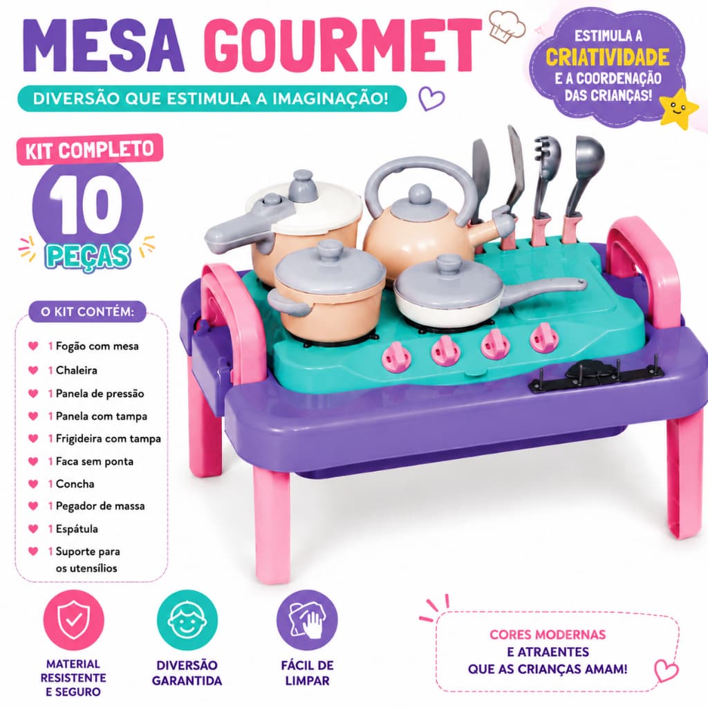Mesinha Gourmet Fogãozinho Infantil Acompanha 4 Utensilios + 4 Panelinhas