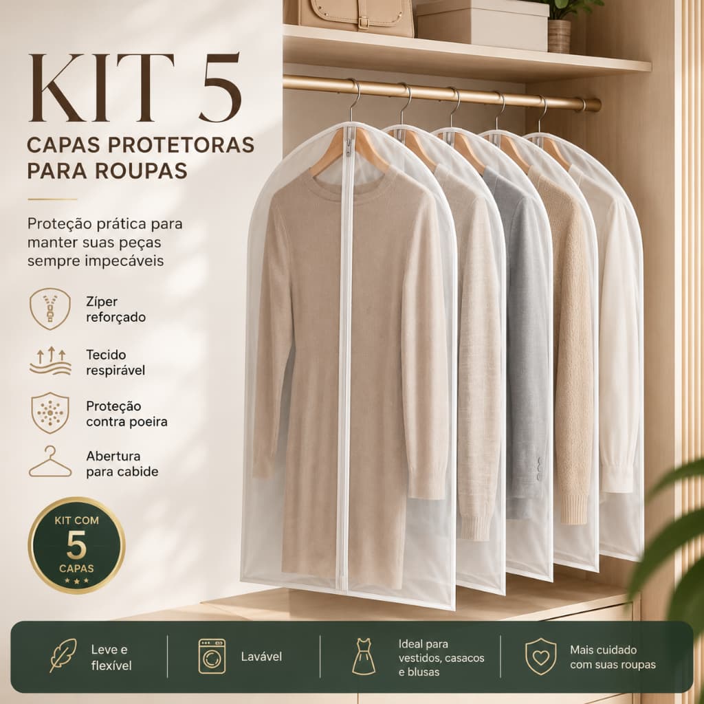 Kit 5 Capa protetora roupas terno vestido anti poeira organizador Zíper resistente água Translúcido