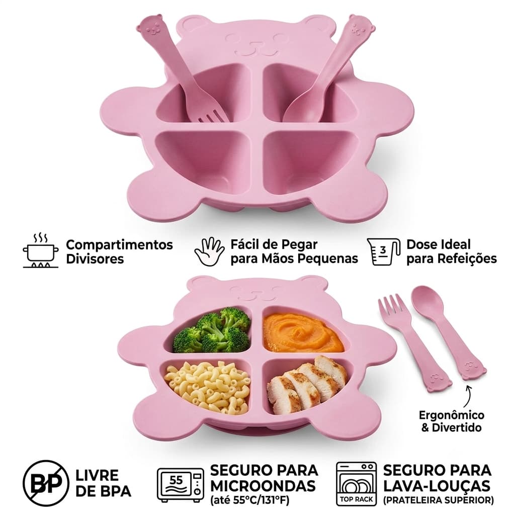 Prato Bebê Ursinho Rosa com Colher e Garfo Infantil – Prato de Silicone/Plástico para Introdução Alimentar