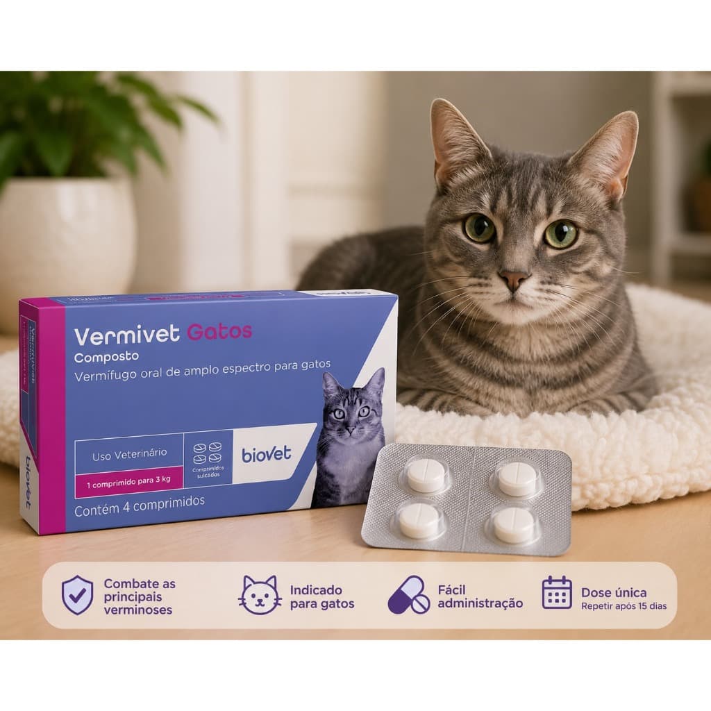 Vermífugo Para Gatos Vermivet Composto  Biovet 4 Comprimidos