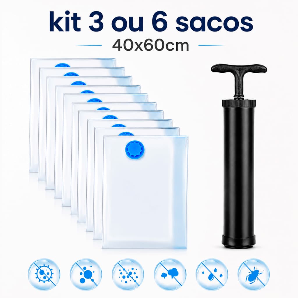 Sacos a Vácuo Organizadores de Roupa 40x60cm Bomba Manual para organizar 3 ou 6 Uni