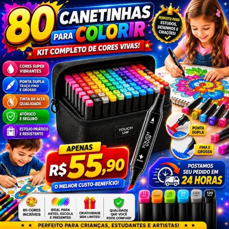 💛Kit 80 Canetinhas para Colorir Estojo Completo Cores Vibrantes Ponta Dupla Infantil - POSTAMOS EM 24 HORAS 💛