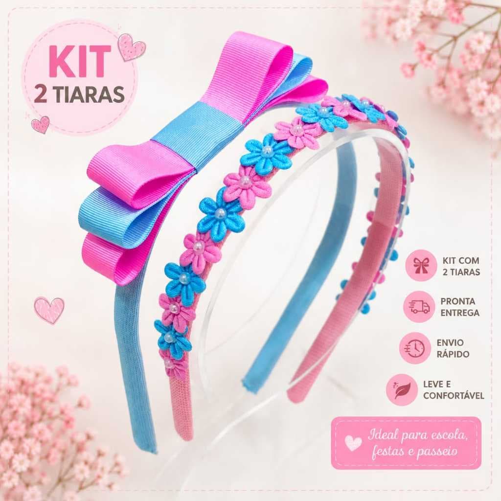 Kit 2 Tiaras Infantil Rosa e Azul/Tiara Flor/Arco de Cabelo infantil /Faixa Flor/Acessório de Cabelo Infantil/Festa