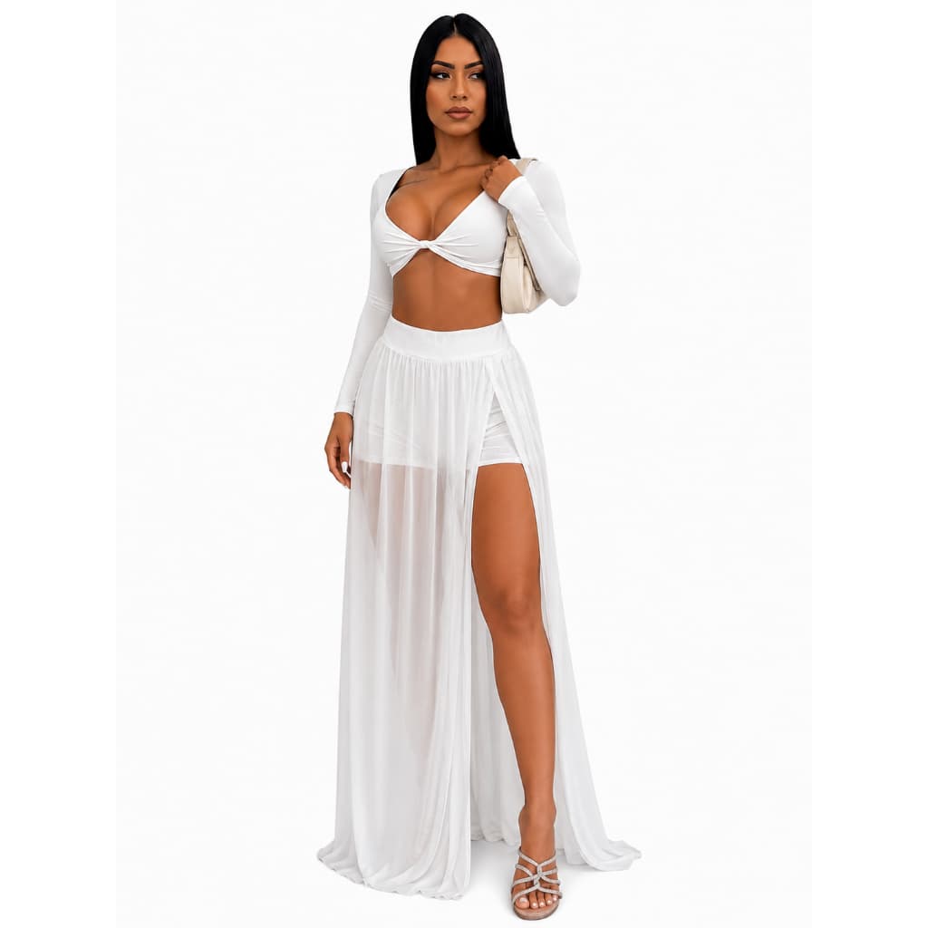 Conjunto Feminino Saia Longa Tule com Fenda e Cropped Manga Longa Decote Torcido Moda Elegante Verão