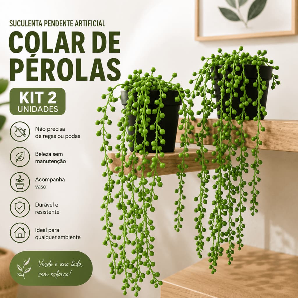 Kit 2 Suculenta Artificial Pendente com Vaso Preto Colar de Pérolas Planta Artificial Beleza Eterna