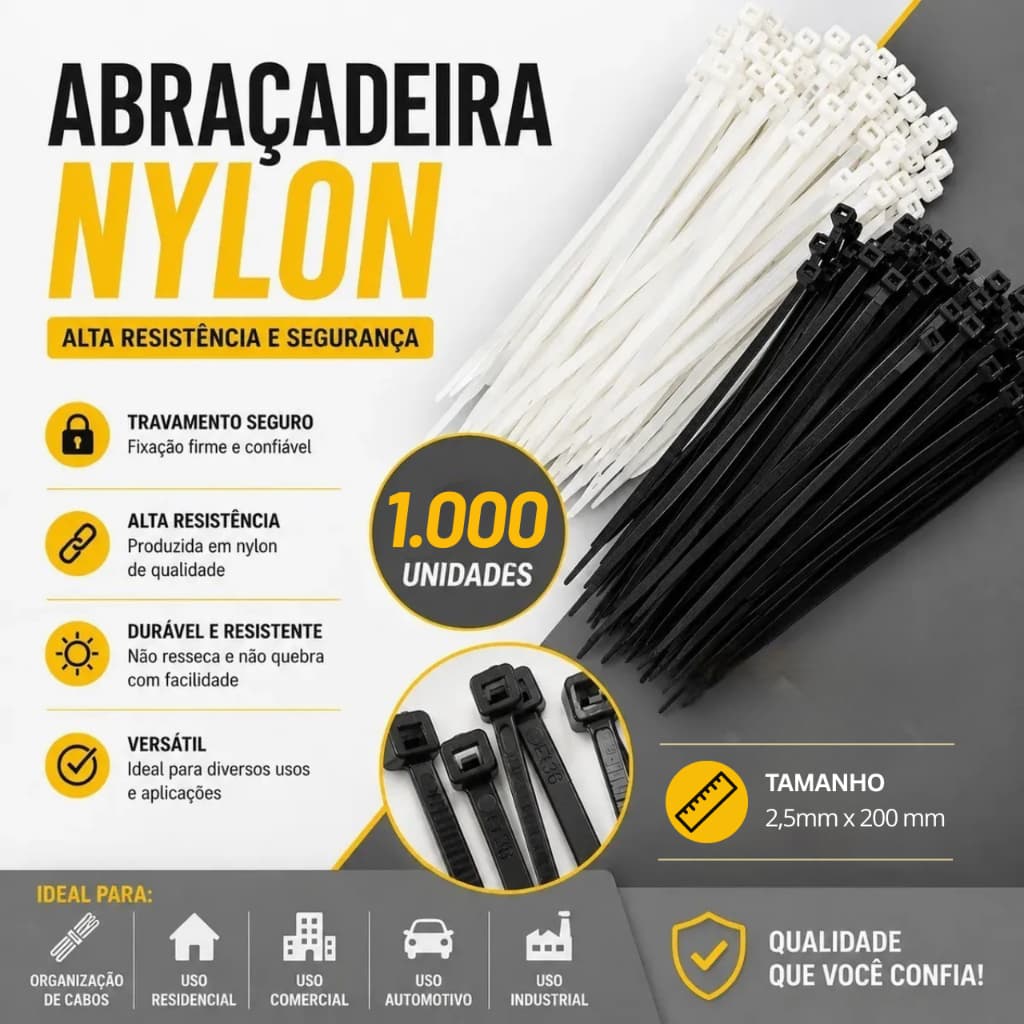 Kit 1.000 Abraçadeiras Nylon Enforca Gato 2,5mm x 200mm Branca Lacre Cabos Fios Alta Resistência
