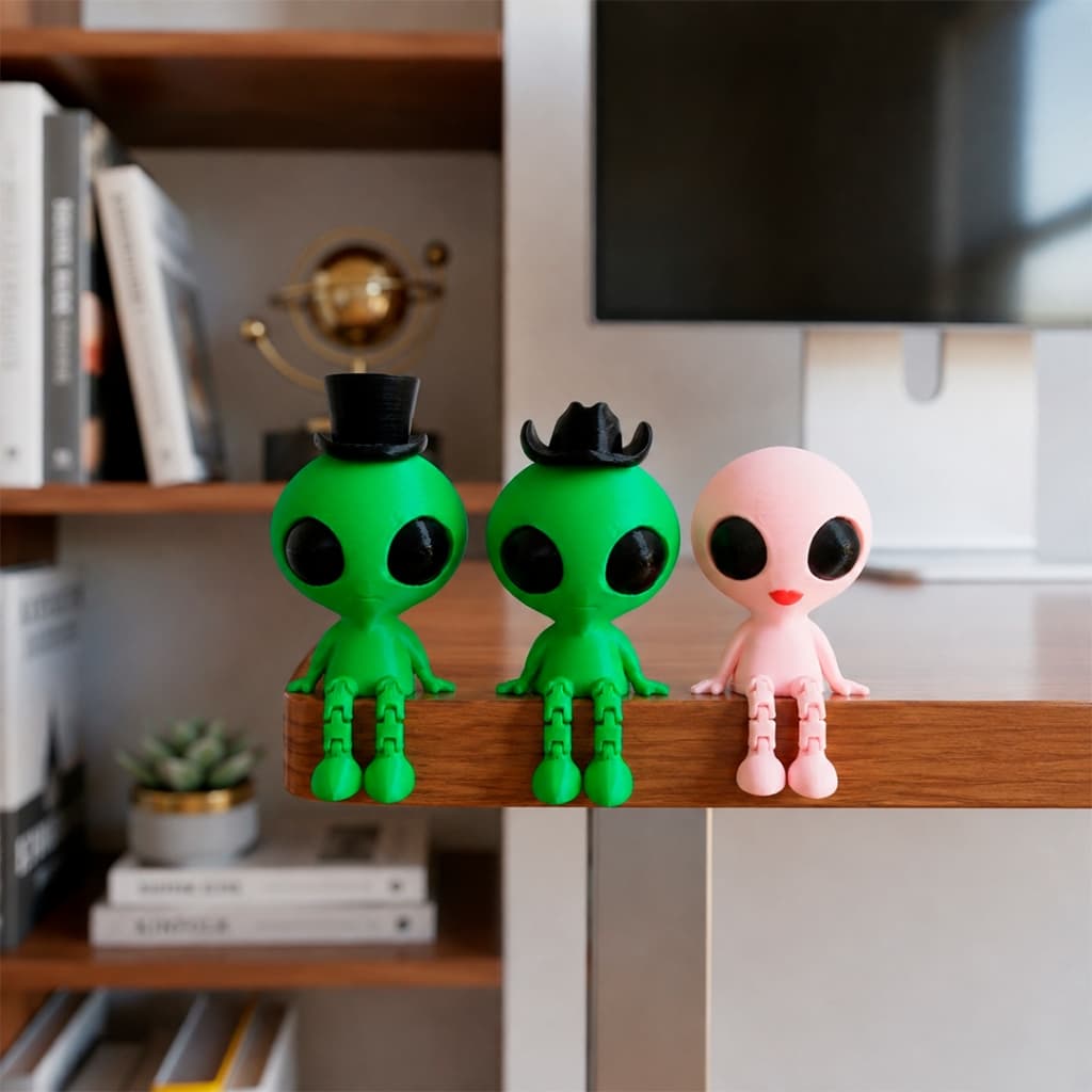 Kit Alien com Chapeu de Cowboy e Cartola Sentado Pernas Articuladas Decoração ET Alienígena Espaço