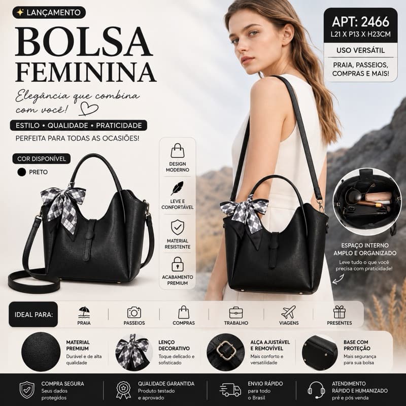 Bolsa Feminina Transversal de Couro Sintético Premium com Alça Ajustável e Lenço Decorativo –2466