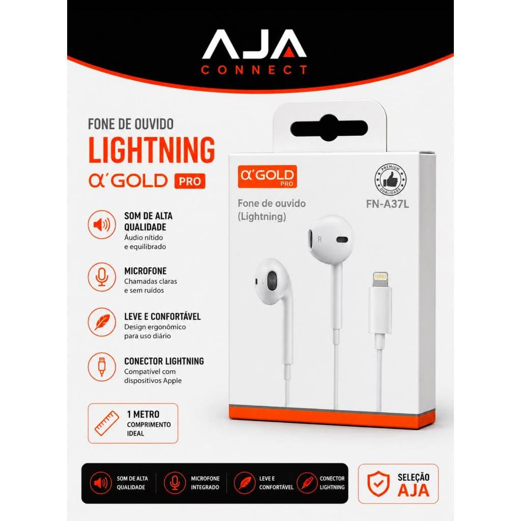 Fone de Ouvido com Fio Lightning α’GOLD Pro FN-A37L Branco para iPhone