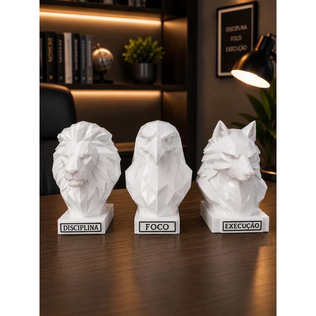Kit 3 Esculturas Foco Disciplina Execução Decoração Moderna Escritório Sala Leao Aguia Lobo
