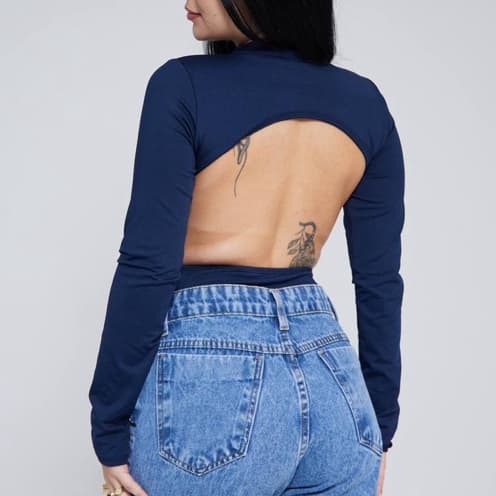 body manga longa costas nua decote moda gringa feminina