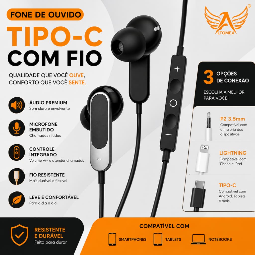 ELETRO EL-1417 Fone de Ouvido com Fio Tipo-C com Controle de Volume Compatível com iPhone 15 16 e Celulares USB-C