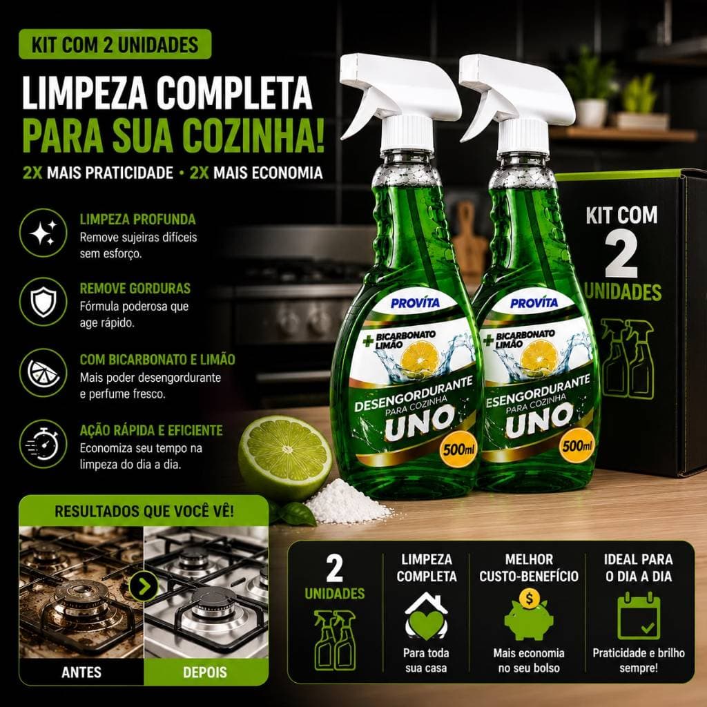 Kit 2 Limpa Cozinha 500ml Desengordurante Espuma Premium Limpa Remove Gordura Forno Fogão Coifa Air Fryer