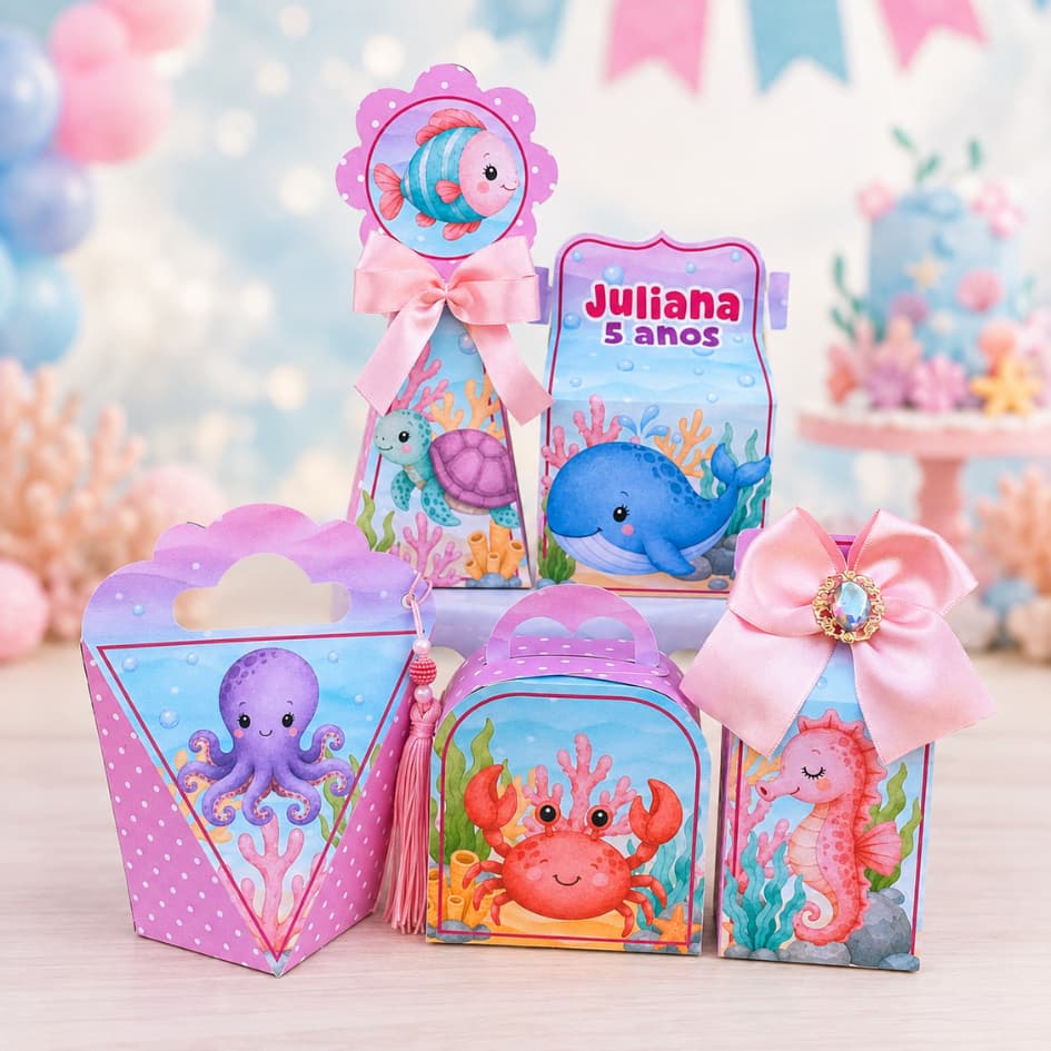 Caixinhas Personalizadas Fundo do Mar Menina para lembrancinha de aniversário com nome e idade