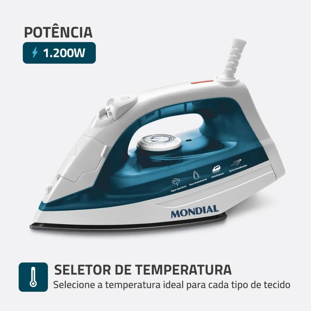 Ferro De Passar A Vapor Mondial F-32 Cor Branco Com Azul Branco/azul 127v