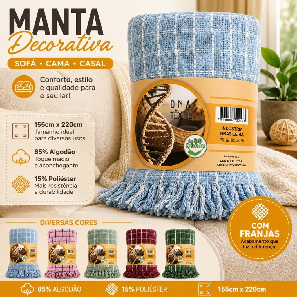 Manta Decorativa Sofá Cama Casal 155x220cm 85% Algodão 15% Poliéster com Franjas Xadrez Diversas Cores