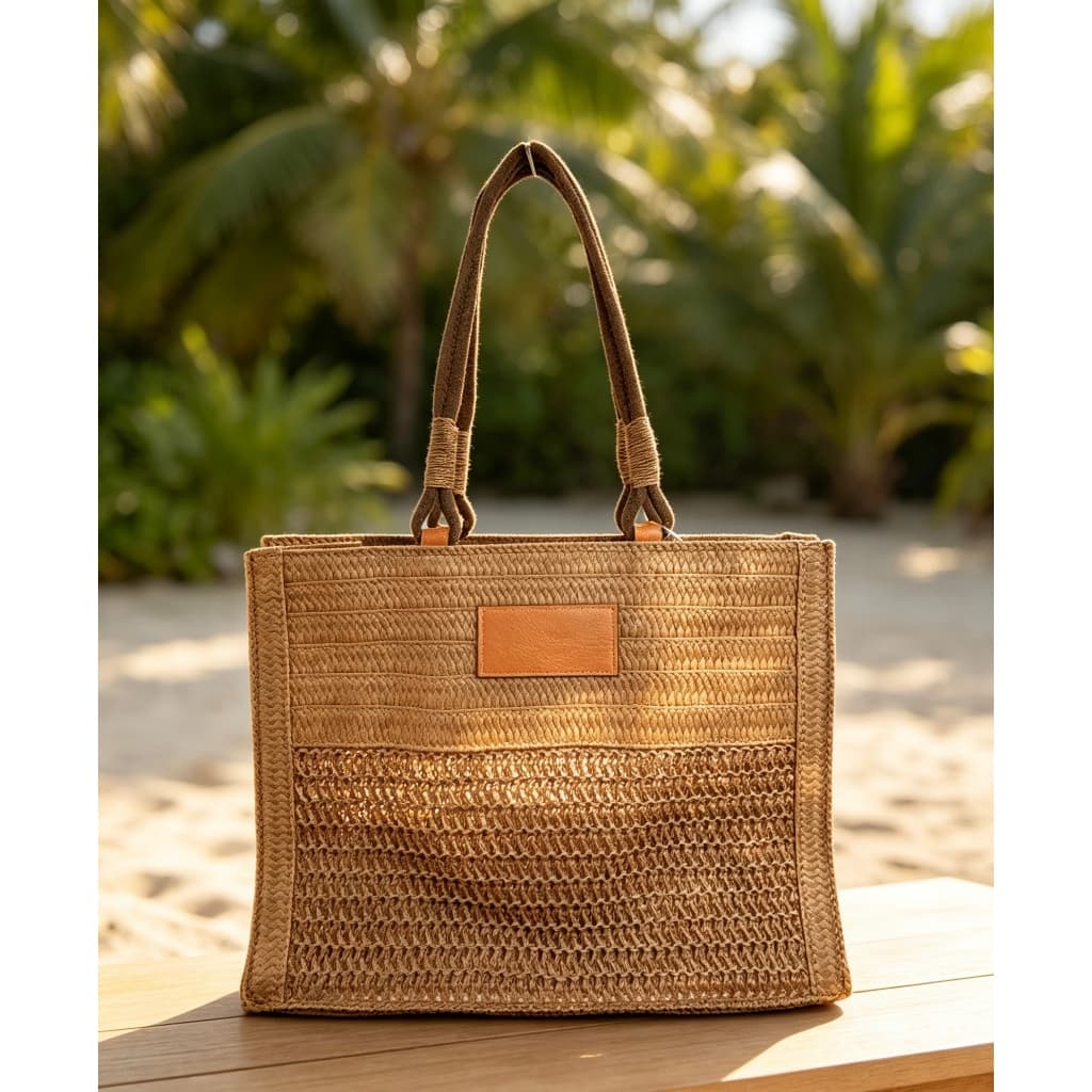 Título curto Bolsa Tote de Palha Marrom para Praia