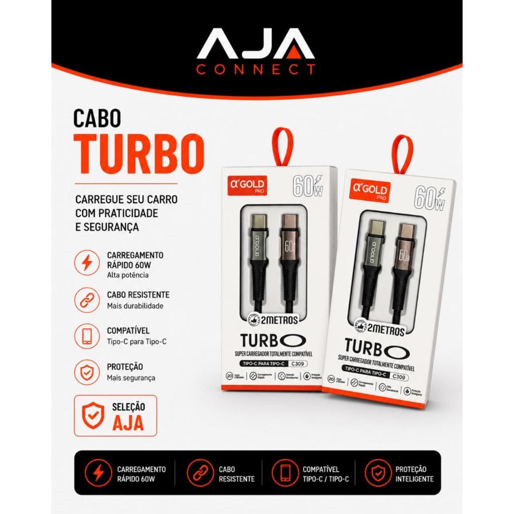 Cabo USB Tipo C Para Tipo C 60W 2 Metros Turbo α'GOLD PRO CB69 Nylon Reforçado