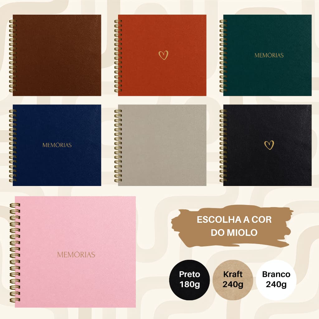 Álbum de Fotos Scrapbook - GG (22x24cm) - Folhas Pretas/Brancas/Kraft