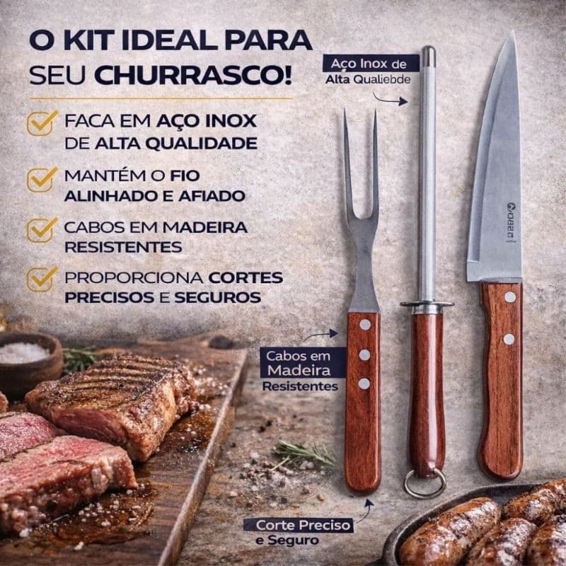 Kit Churrasco Inox 3 Peças Faca Garfo Trinchante e Chaira Amolador Cabo de Madeira