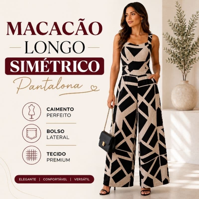 Macacão Feminino Pantalona Longo Estampado Casual Chic Moda Feminina com bojo e lastex nas costas duna