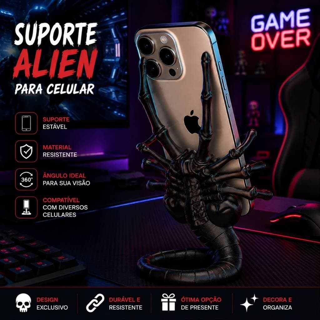 Suporte de Celular Alien Facehugger | Porta Celular | Suporte para Controle | Quarto Gamer