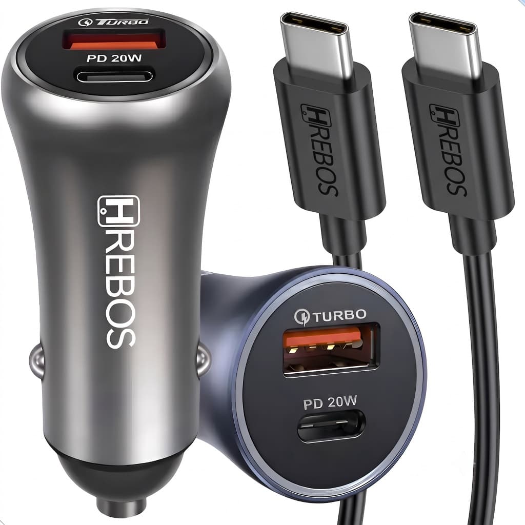Carregador Veicular Hrebos Turbo PD 20W + USB 18W Com Cabo Tipo C x Tipo C Fonte De Carro Acendedor Homologado