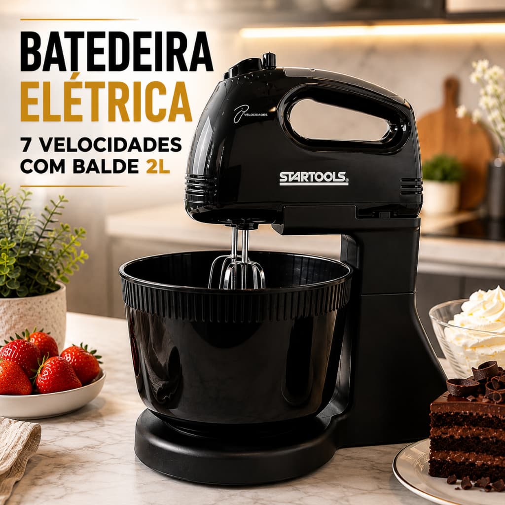 Batedeira Elétrica 250W Compacta 7 Velocidades com Balde 2L 127V ou 220V Ideal Bolos Massas Cremes Mousses Chantilly