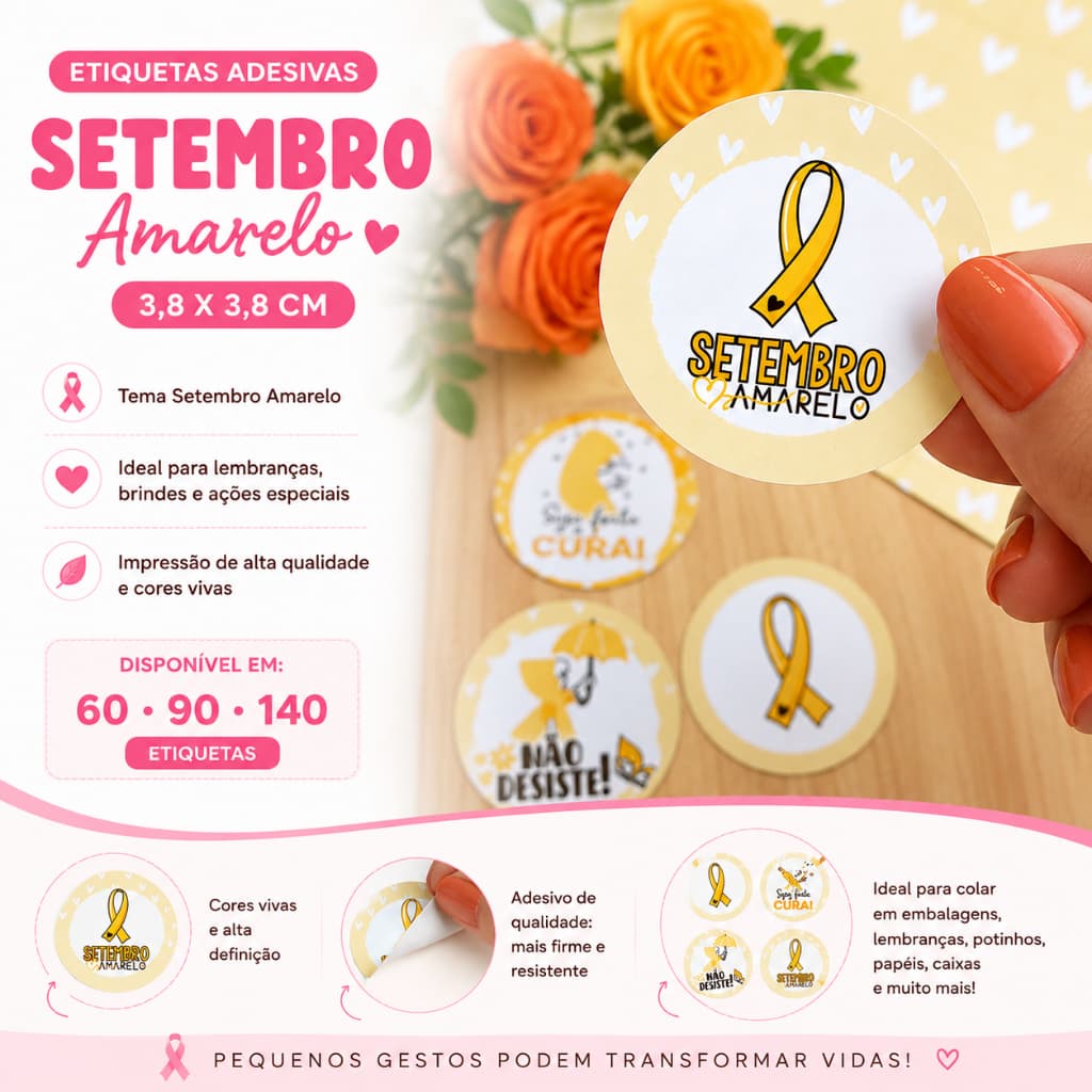 60 90 ou 140Adesivos, Etiquetas Adesivas Setembro Amarelo 3,8x3,8cm