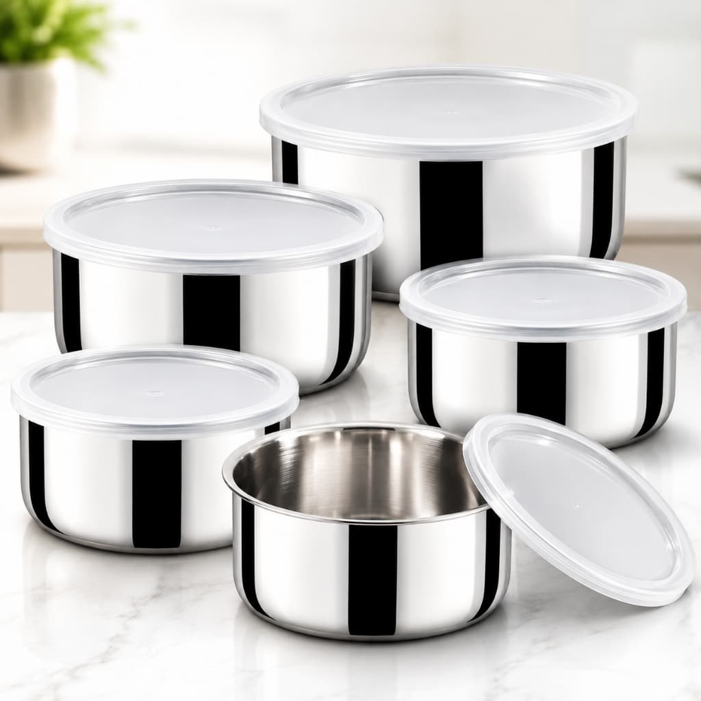 Kit 5 Potes Herméticos Tigelas Inox com Tampa Organização Cozinha Chá de Cozinha Presente