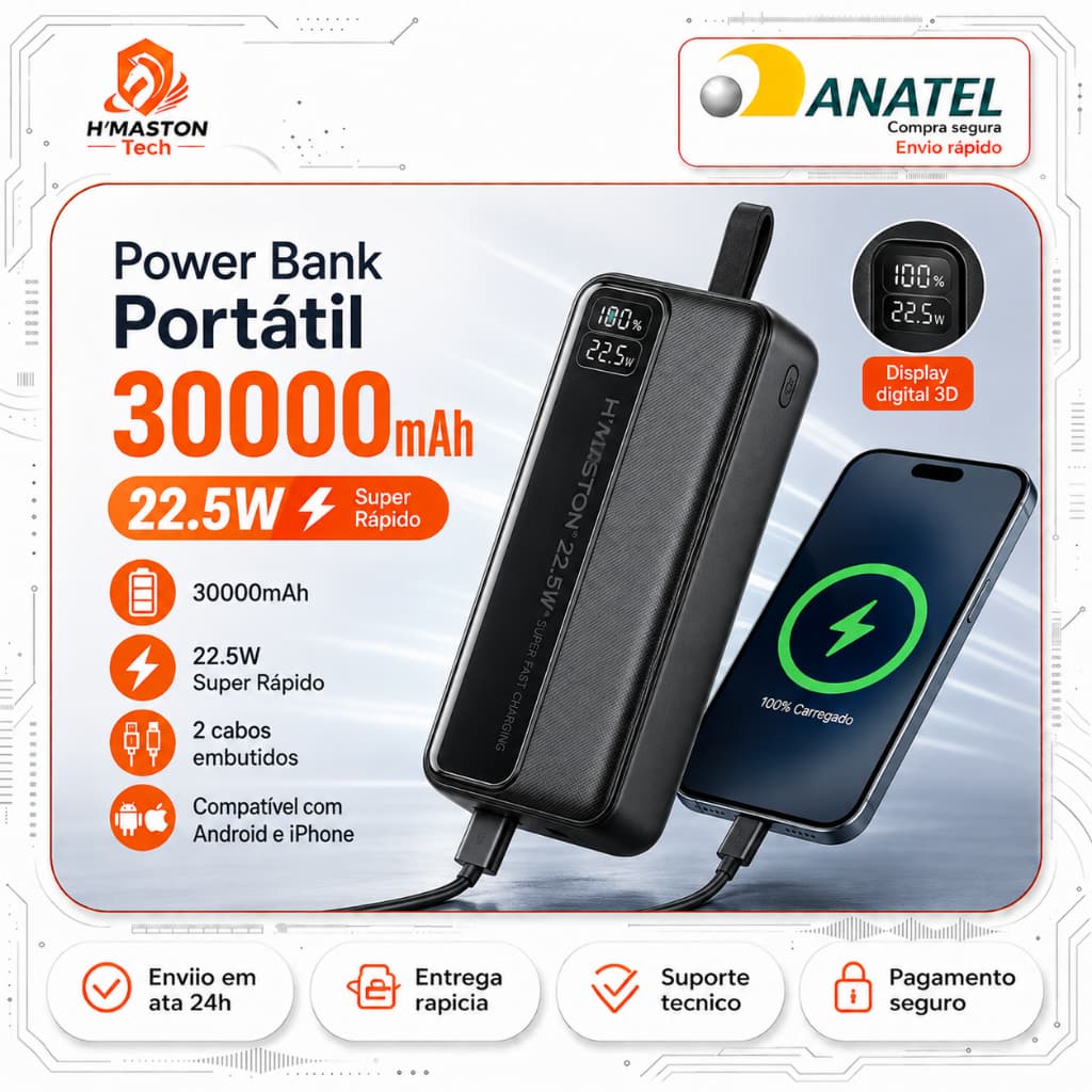 H'MASTON Power Bank 30000mAh 22.5W Carregador Portátil Para Celular Carga Rápida com Cabos Embutidos USB-C e Lightning