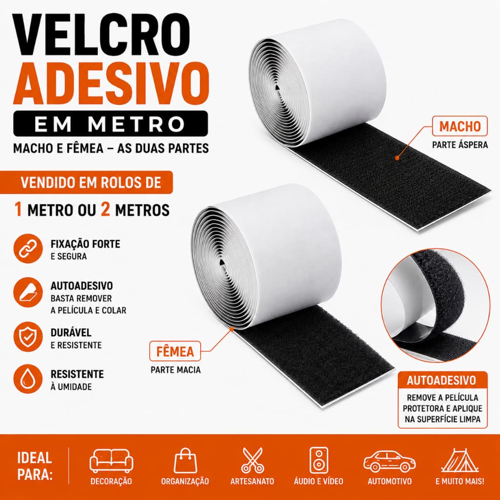 Fecho de Contato Rolo Velcro Adesivo 50mm Macho e Fêmea Em Metro